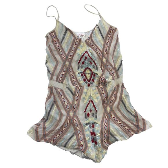 Parker Romper Womens Small Ivory Silk Beaded Sequin Embroidered Geometric V Neck - Picture 1 of 11